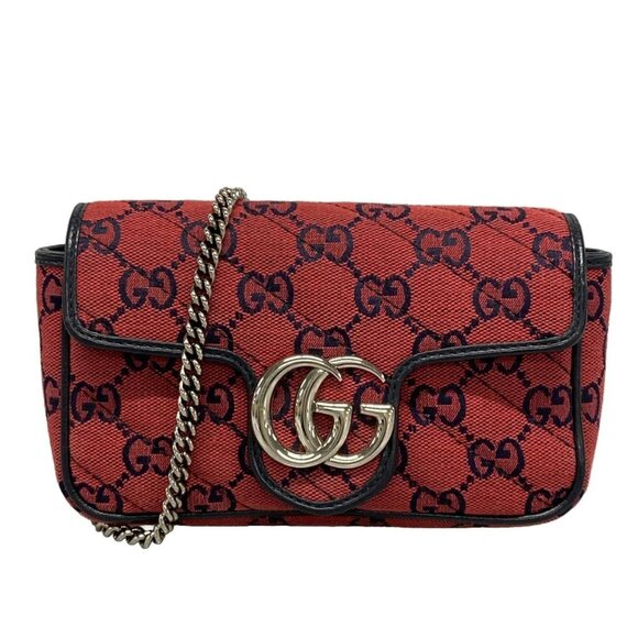 Auth GUCCI GG Marmont 661332 Red Dark Navy Jacquard Leather Shoulder Bag - Picture 1 of 15